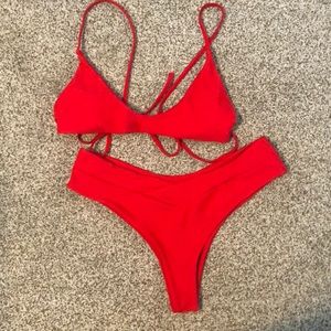 red bikini cross front bottoms & tie top w pads
